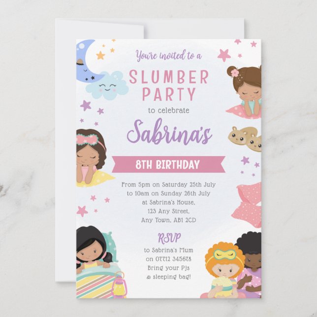 Invitation Pyjama Party Filles Oreillers  (Devant)