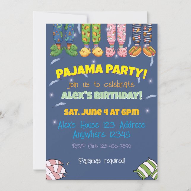 Invitation Pyjama Party Pyjamas Drôles et Pantoufles Annivers (Devant)