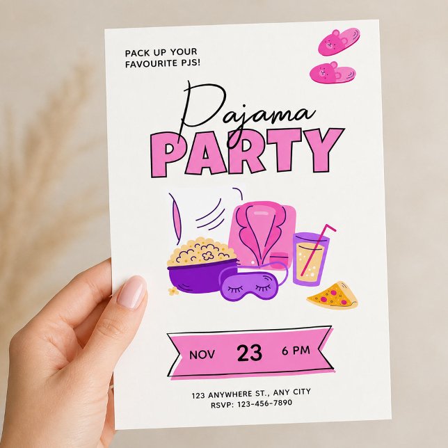Invitation Pyjama Party Rose Mignonne pour Filles Soirée Pyja (Cute Pink Sleepover for Girls Pajama Party Invitation, Slumber Party Invite)