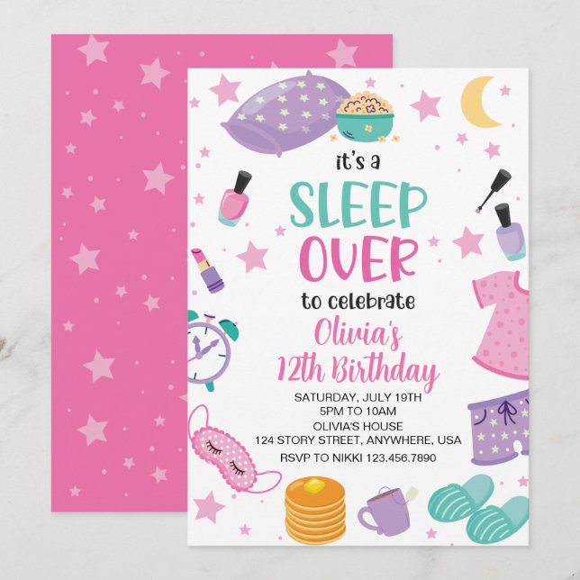 Invitation Pyjama party rose violet préado (Devant / Derrière)