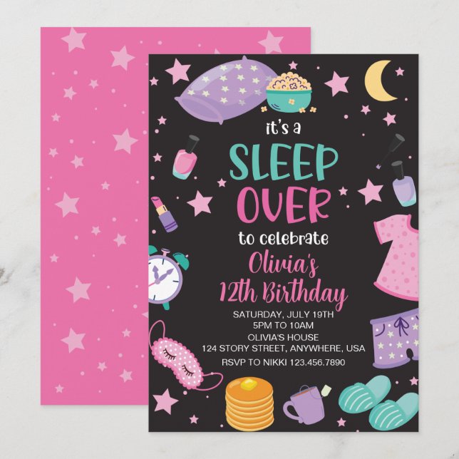 Invitation Pyjama party rose violet préado (Devant / Derrière)