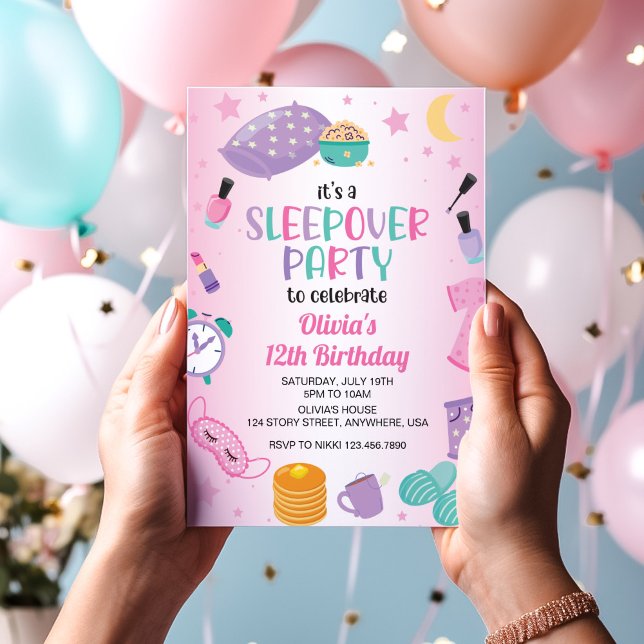 Invitation Pyjama party rose violet préado (Créateur téléchargé)