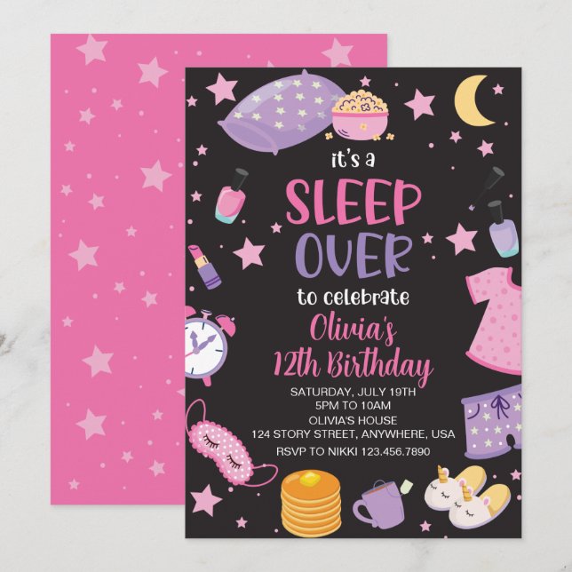 Invitation Pyjama party rose violet préado (Devant / Derrière)