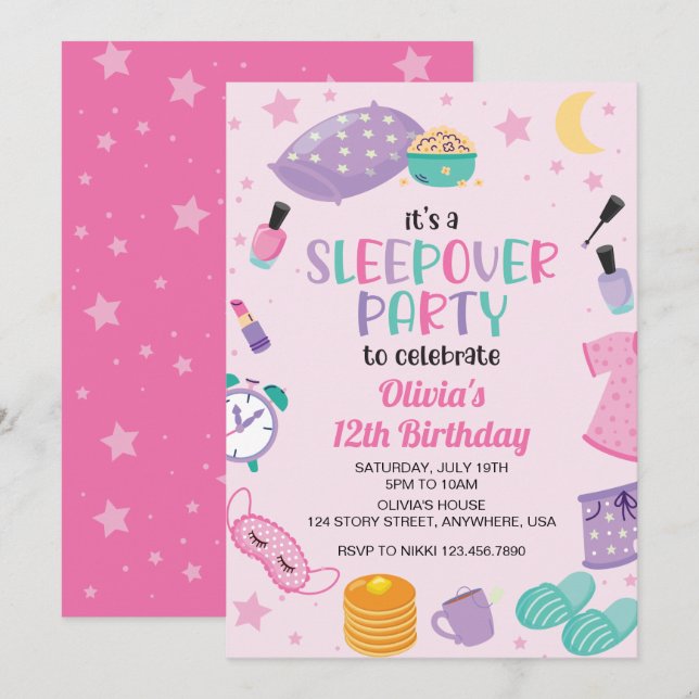 Invitation Pyjama party rose violet préado (Devant / Derrière)