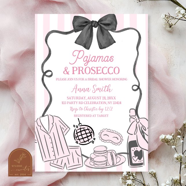 Invitation Pyjama rose et prosecco dessinés à la main de mani (Créateur téléchargé)