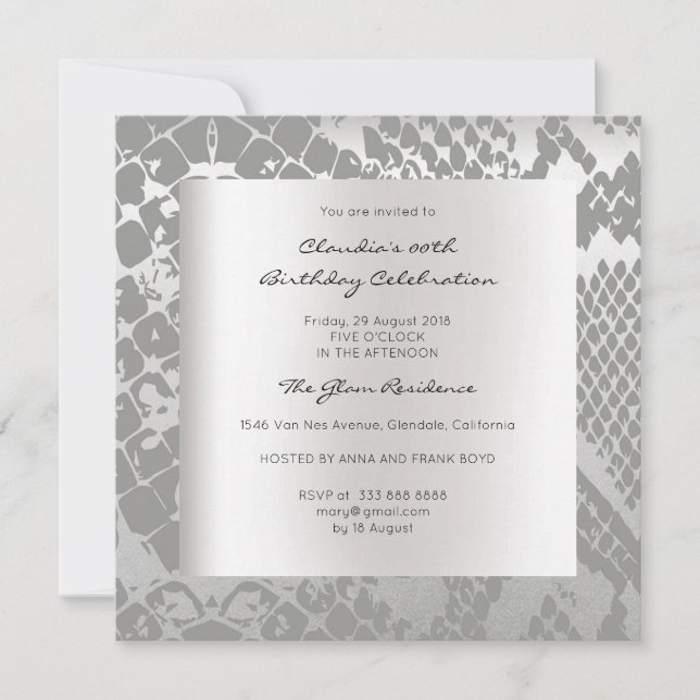 Invitation Python Snake Animal Skin Noir Argent Anniversaire (Devant)