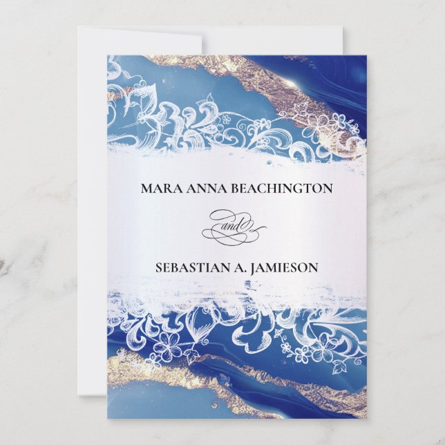 Invitation *~* QR Agate Blue Gold RSVP AR2 Mariage en marbre (Devant)
