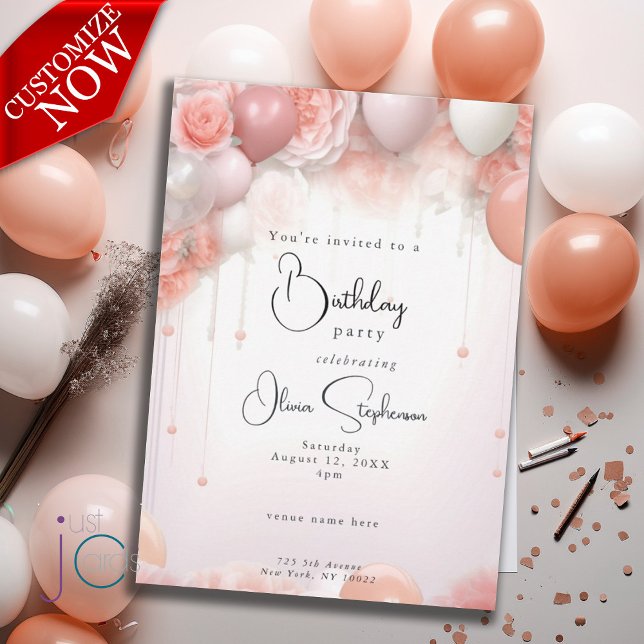 Invitation QR Anniversaire Corail Fleurs et Ballons (text is easy to customize, available as a digital download )