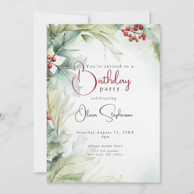 Invitation QR Anniversaire Houx et Baies d'Hiver (Devant)