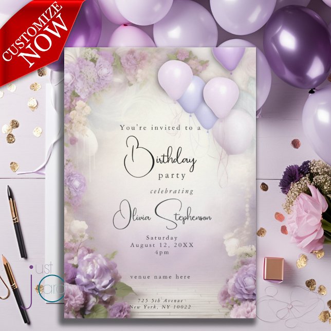 Invitation QR Anniversaire Lilac Floral et Ballons (text is easy to customize )