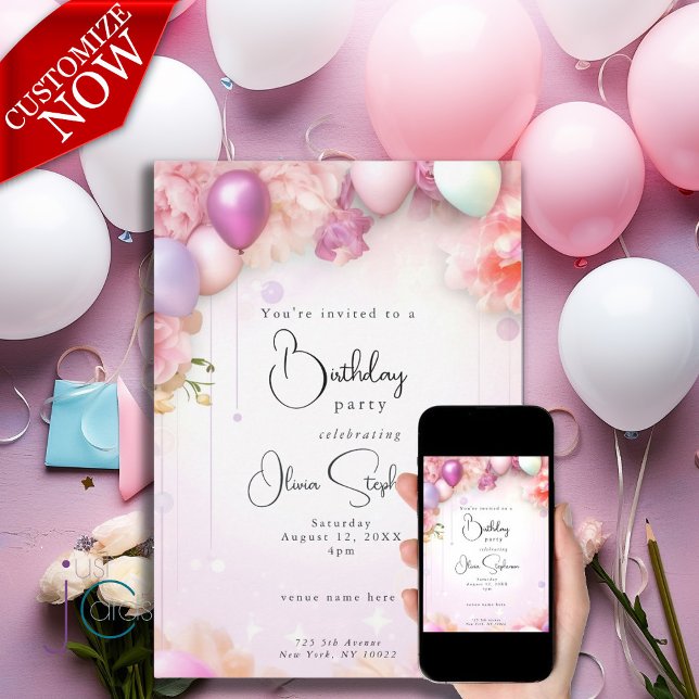Invitation QR Anniversaire rose et Lilac Floral Ballons (Easy to customize text)