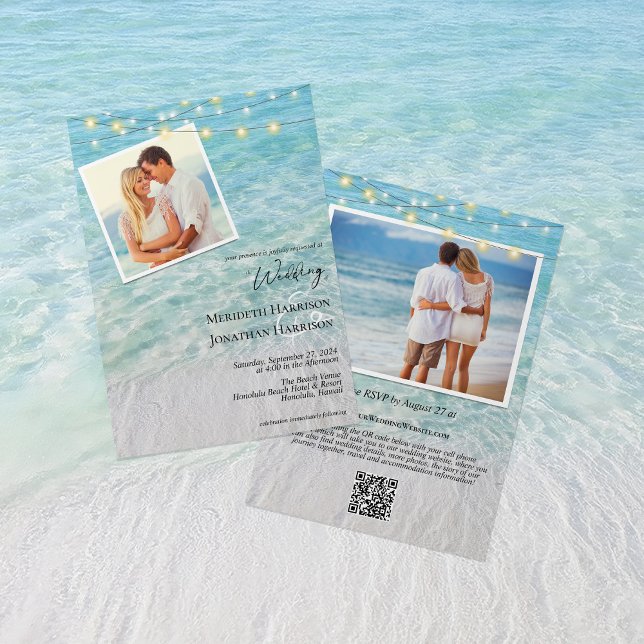 Invitation QR Beach Photo String Éclairage Tout en un Mariage (Front and back - features your QR code, wedding website, and any other wedding detail info.)
