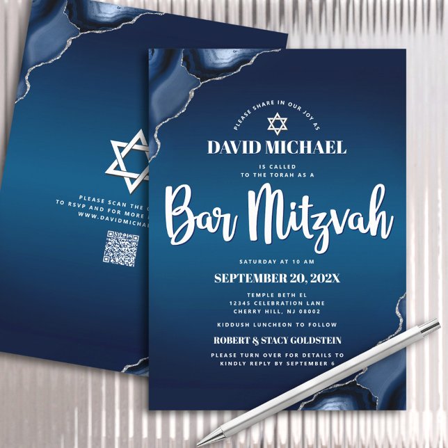 Invitation QR Code Bar Mitzvah Navy Blue Ombre Agate Script (Créateur téléchargé)