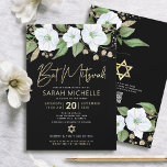 Invitation QR Code Bat mitzvah Black Gold Floral Script Girl<br><div class="desc">Soyez fier, réjouissez-vous et présentez cette étape importante de votre Bat mitzvah préféré ! Envoyez cette invitation de code QR sophistiquée, moderne et personnalisée pour un événement à retenir. Une aquarelle florale chic, étonnante, blanche et faux or parties scintillant, avec typographie de scénario de feuille d'or et blanc sans serif...</div>