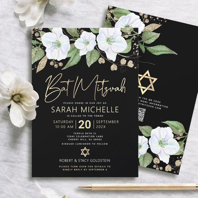 Invitation QR Code Bat mitzvah Black Gold Floral Script Girl (Créateur téléchargé)