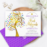 Invitation QR Code Bat mitzvah Purple Gold Tree of Life Bold<br><div class="desc">Soyez fier, réjouissez-vous et présentez cette étape importante de votre Bat mitzvah préféré ! Envoyez cette invitation de code QR audacieuse, moderne et personnalisée pour un événement à retenir. Un arbre amusant, imitation de feuille d'or avec brillant turquoise, turquoise, violet et bleu Star de David et des "feuilles" point, faux...</div>