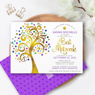 Invitation QR Code Bat mitzvah Purple Gold Tree of Life Bold