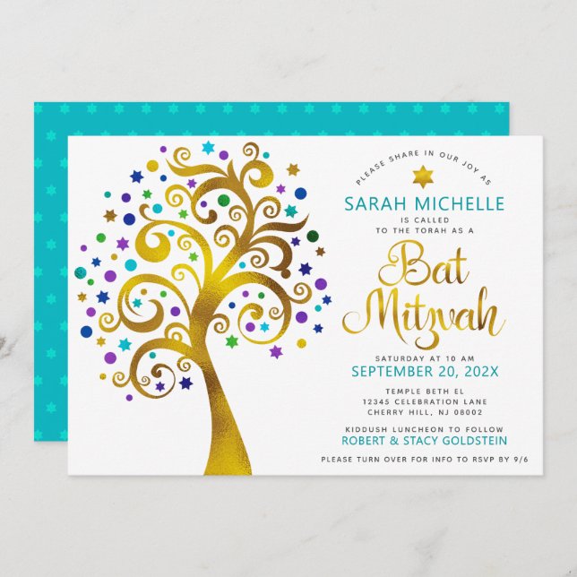 Invitation QR Code Bat mitzvah Turquoise Gold Tree of Life (Devant / Derrière)