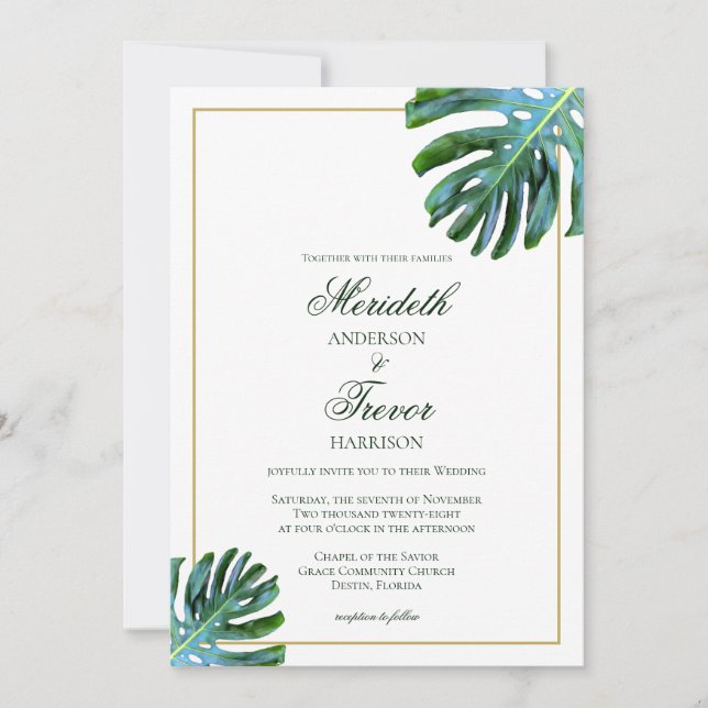Invitation QR Code Beach Tropical Monstera Feuille Gold Photo (Devant)
