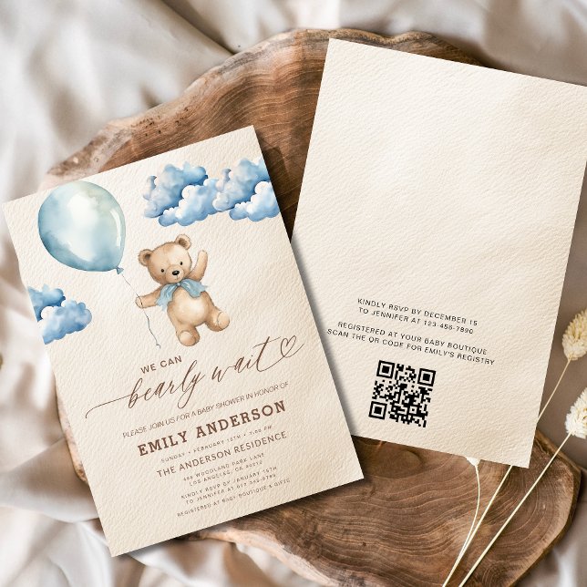 Invitation QR Code Bearly Wait Blue Boy Baby shower (Créateur téléchargé)