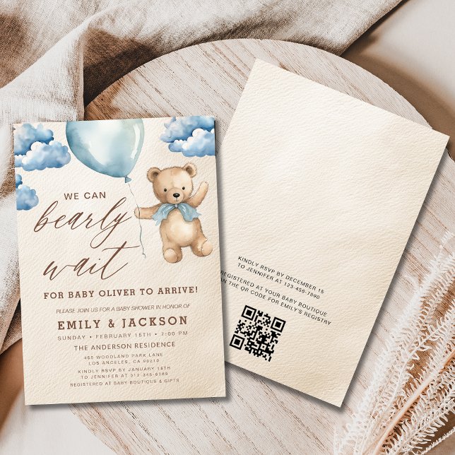 Invitation QR Code Bearly Wait Blue Boy Baby shower (Créateur téléchargé)