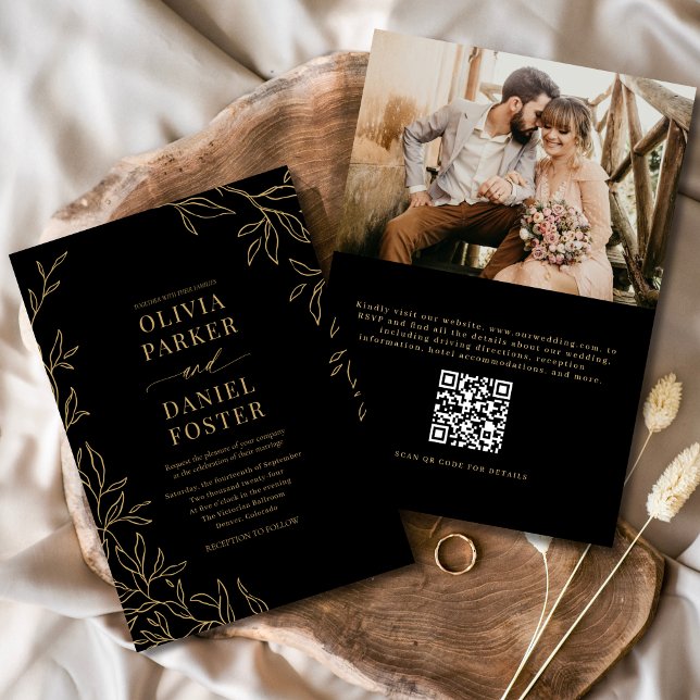 Invitation QR Code Black Gold Photo Mariage élégant (Créateur téléchargé)