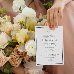 Invitation QR Code Blanc Noir Classique Monogramme Mariage