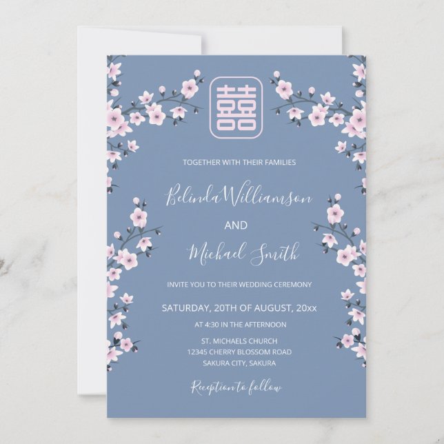 Invitation QR Code Blue Cherry Blossom | Mariage chinois (Devant)