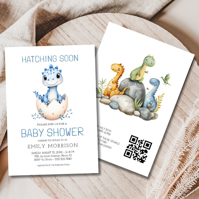 Invitation QR Code Blue Dinosaur Hatching Bientôt Baby shower (Créateur téléchargé)