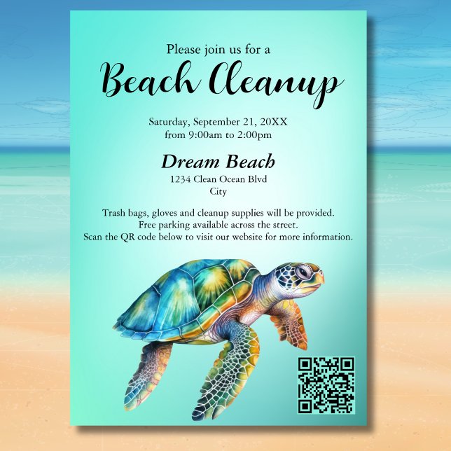 Invitation QR Code Blue Sea Turtle Beach Cleanup Event (Créateur téléchargé)