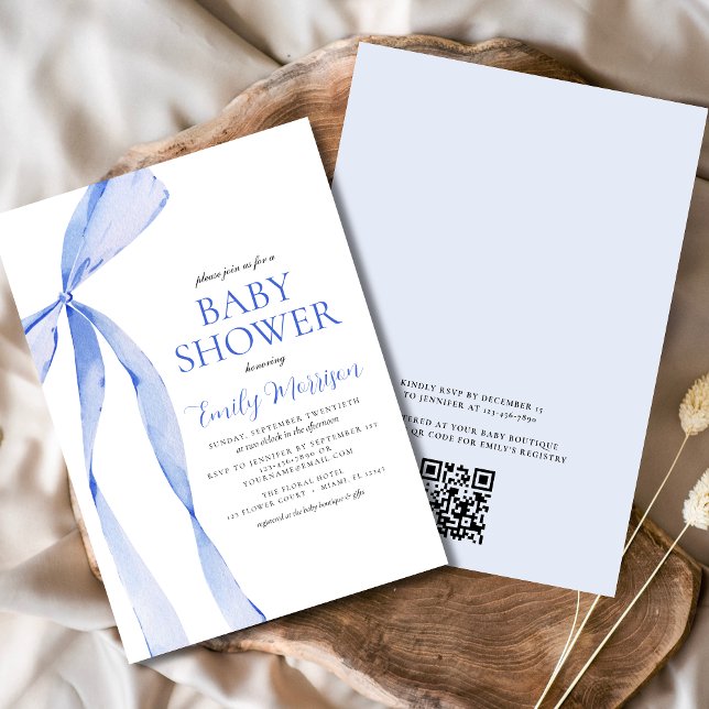 Invitation QR Code Blue Watercolor Bow Bow Baby shower (Créateur téléchargé)