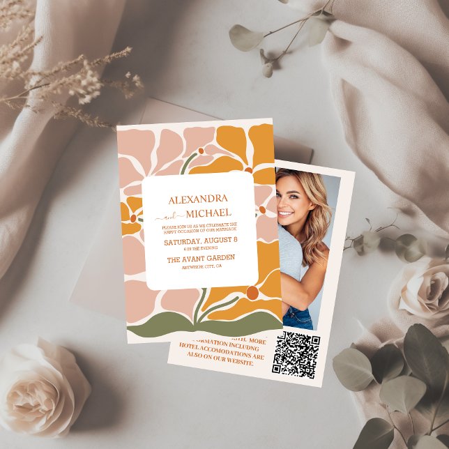 Invitation QR Code Boho Chic Retro Mariage floral (Créateur téléchargé)