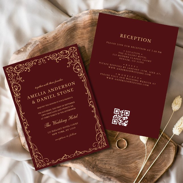 Invitation QR Code Bourgogne Gold Minimal Mariage (Créateur téléchargé)