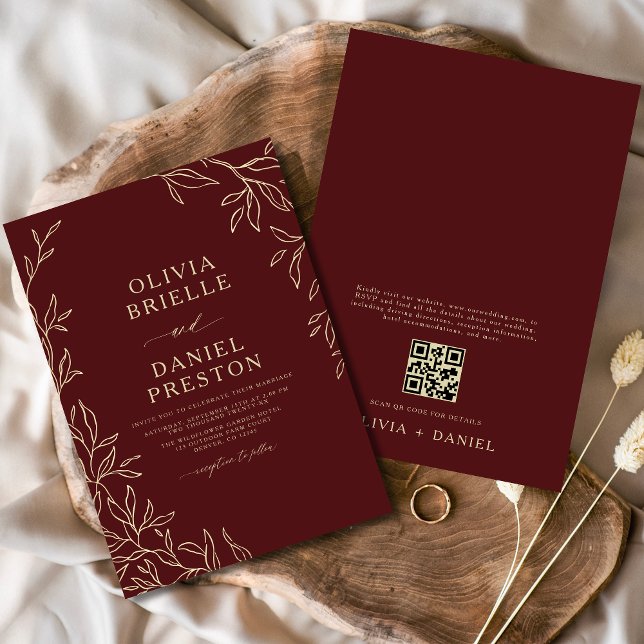 Invitation QR Code Bourgogne & Gold Minimal Mariage feuille (Créateur téléchargé)