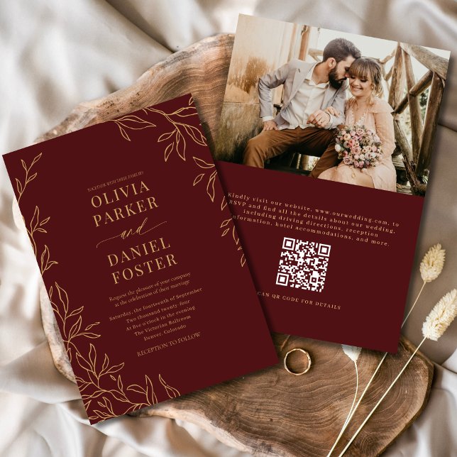 Invitation QR Code Bourgogne Gold Photo Mariage élégant (Créateur téléchargé)
