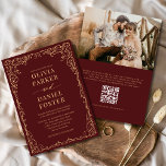 Invitation QR Code Bourgogne Gold Photo Minimaliste Mariage<br><div class="desc">Ajoutez élégance et commodité à votre grand jour avec cette faire-part de mariage minimaliste bordeaux et or avec votre photo et un code QR personnalisé. Les clients peuvent consulter RSVP, consulter votre site Web mariage ou accéder instantanément aux détails de l'événement. Le riche arrière - plan bordeaux à typographie dorée...</div>
