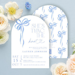 Invitation QR Code Bow She's Tying the Knot Blue Shower