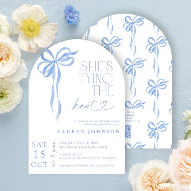 Invitation QR Code Bow She's Tying the Knot Blue Shower (Créateur téléchargé)
