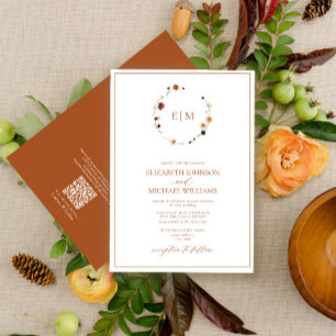 Invitation QR Code Bural Rust Floral Wreath Monogramme Mariag
