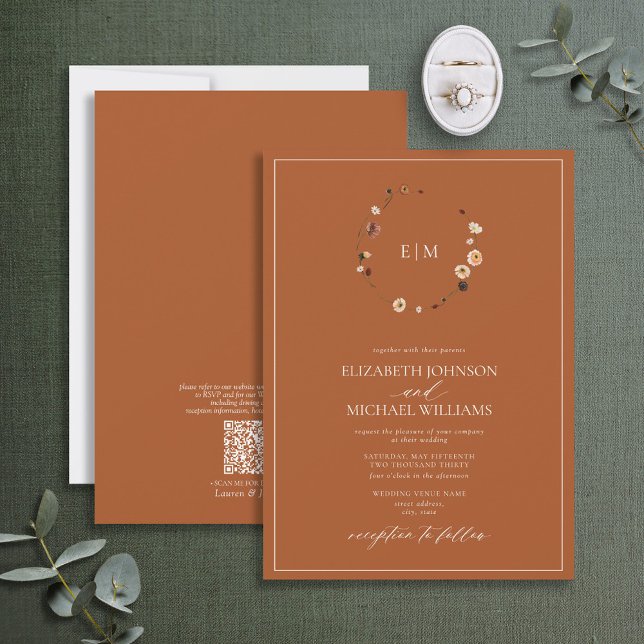 Invitation QR Code Bural Rust Floral Wreath Monogramme Mariag (Créateur téléchargé)
