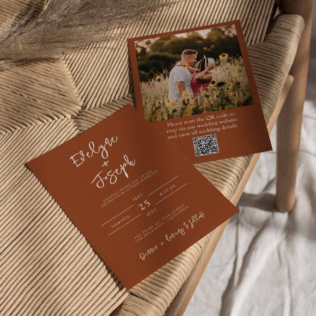 Invitation QR Code Burange Orange Photo Boho Terracotta Maria (Créateur téléchargé)