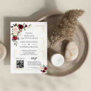 Invitation QR Code Burgundy Pink Floral Gold Wedding