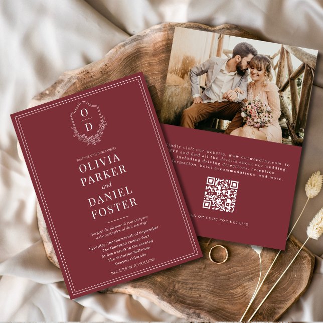 Invitation QR Code Classic Crest Photo Mariage Bourgogne (Créateur téléchargé)