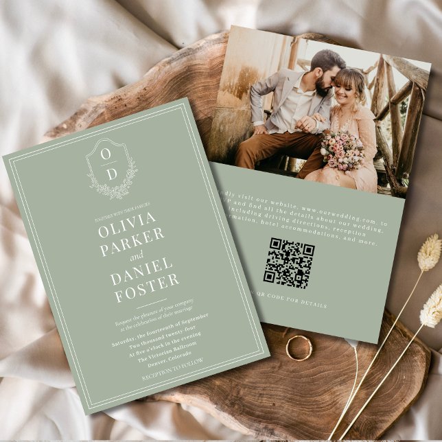 Invitation QR Code Classic Crest Sage Green Photo Mariage (Créateur téléchargé)