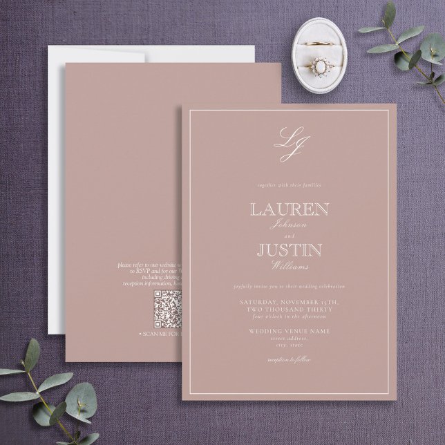Invitation QR Code Classic Dusty Rose Script Monogram Mariage (Créateur téléchargé)