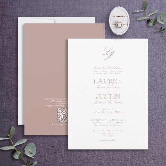 Invitation QR Code Classic Dusty Rose Script Monogram Mariage (Créateur téléchargé)