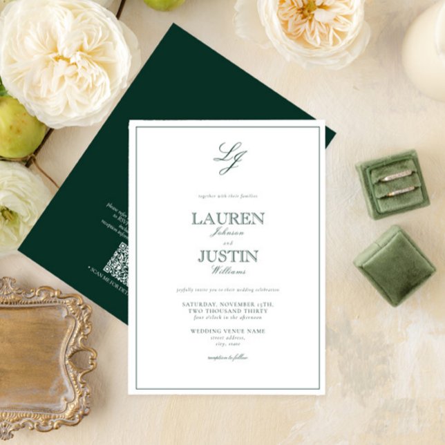 Invitation QR Code Classic Emerald Green Monogram Mariage (Créateur téléchargé)