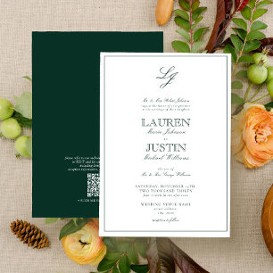 Invitation QR Code Classic Emerald Green Monogram Mariage