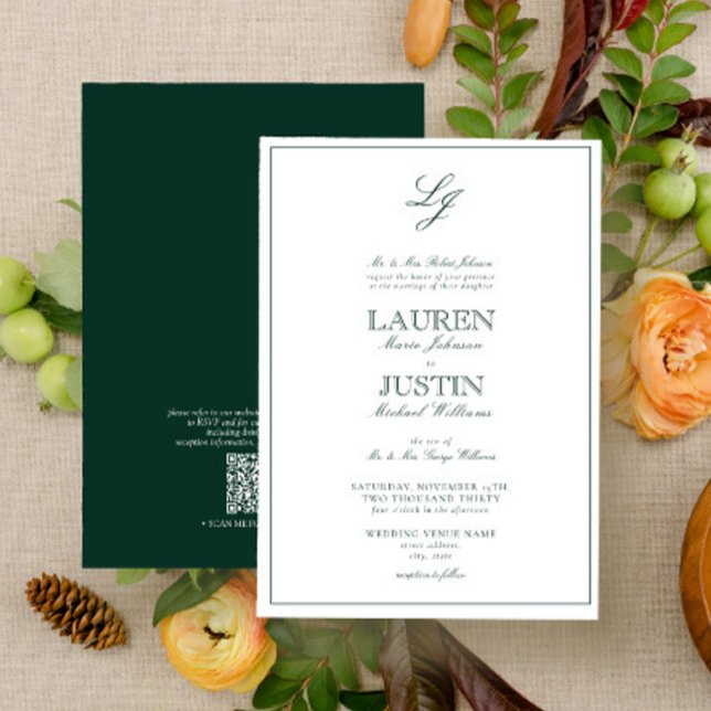 Invitation QR Code Classic Emerald Green Monogram Mariage (Créateur téléchargé)