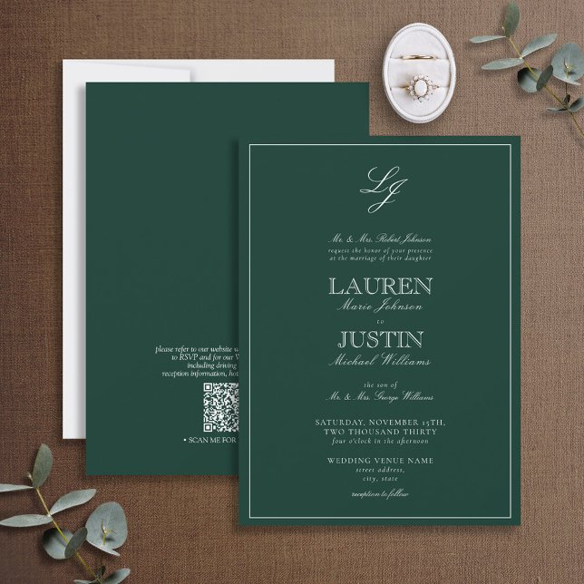 Invitation QR Code Classic Emerald Green Monogram Mariage (Créateur téléchargé)